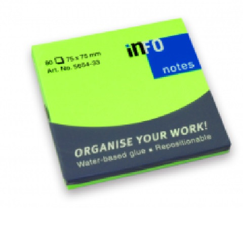 Öntapadós jegyzettömb, INFO Notes, 75x75 mm, 80 lapos, neonzöld